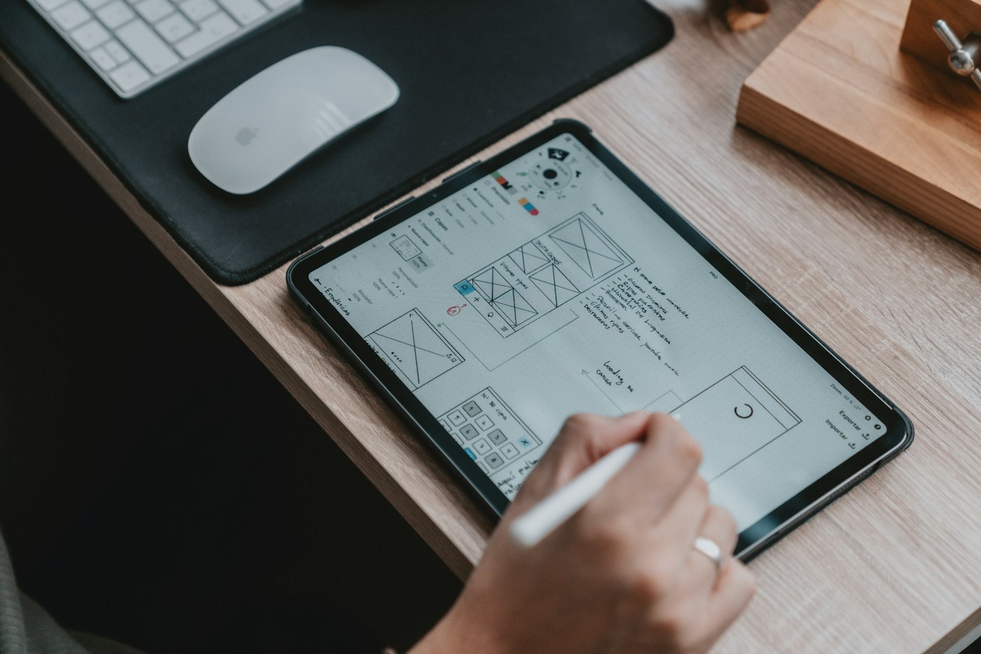 Designer sketching a website wireframe on a tablet